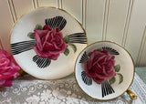 Vintage Adderley Bold Pink Rose White Black Ribbon Teacup and Saucer