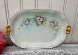 Vintage Hand Painted Pink Roses on Green Trinket Dish