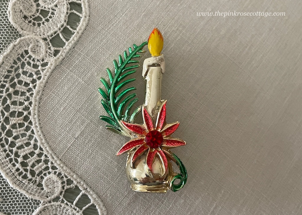 Vintage Enameled Christmas Candle and Poinsettia Brooch Pin