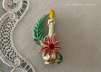 Vintage Enameled Christmas Candle and Poinsettia Brooch Pin