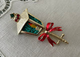 Vintage Enameled and Rhinestone Christmas Candle Lantern Pin Brooch