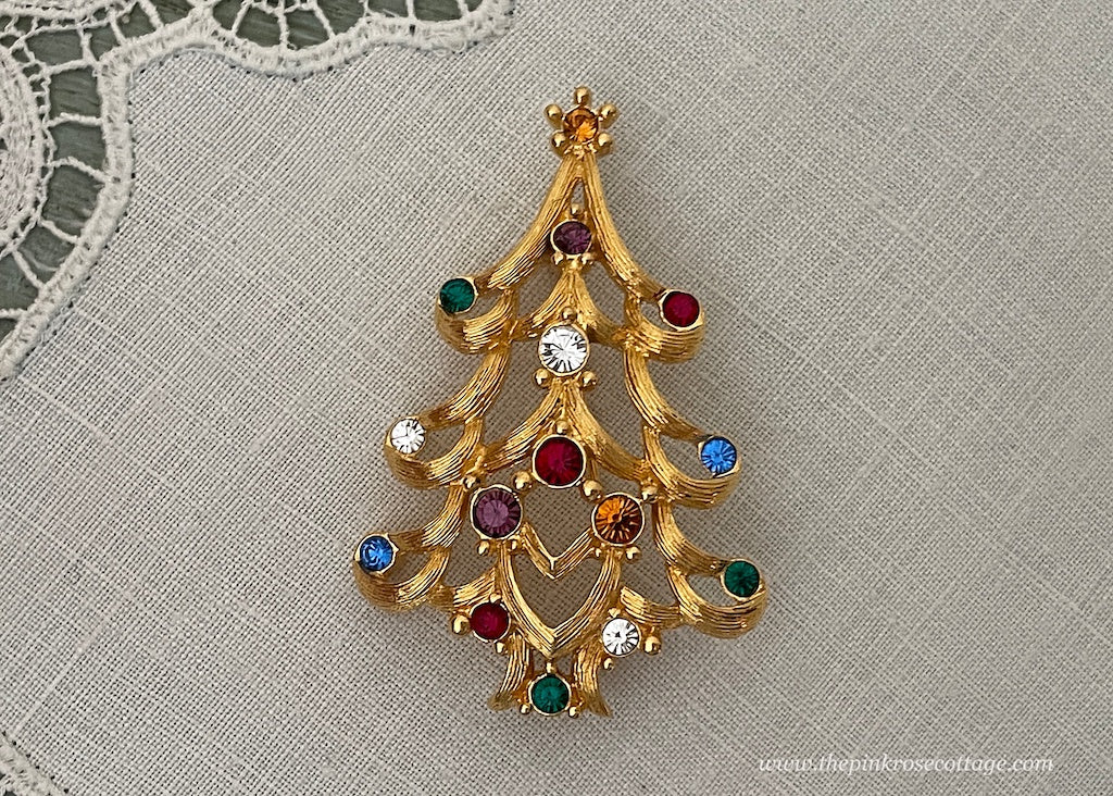 Vintage Monet Rhinestone Christmas Tree and Heart Pin Brooch