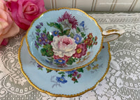 Vintage Royal Stafford Teacup and Saucer Cottage Roses on Blue