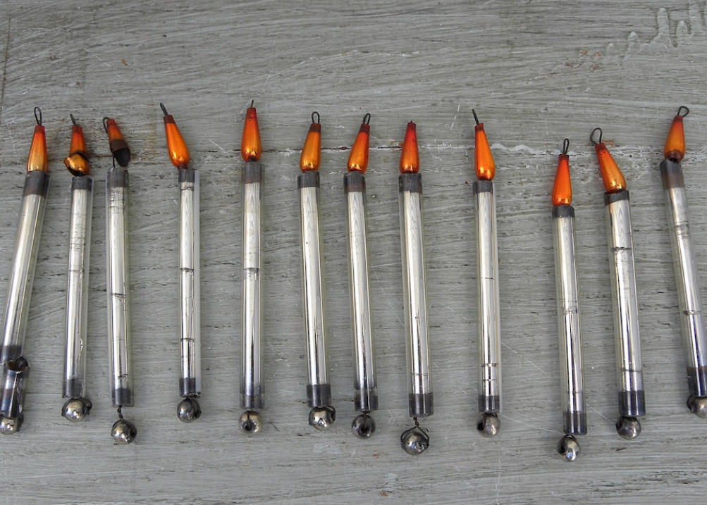 1930s Antique Mercury Glass Christmas Tree Ornaments Candles with Flames Set of 12