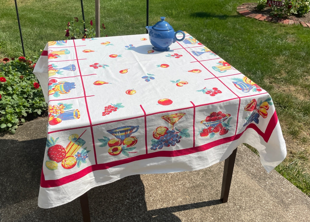 Vintage Super Spun Fruit and Kitchenware Tablecloth with Red Border