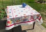 Vintage Super Spun Fruit and Kitchenware Tablecloth with Red Border