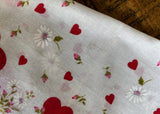 Vintage Red Heart White Daisy Pink Rosebud Valentine's Day Handkerchief