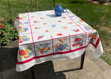 Vintage Super Spun Fruit and Kitchenware Tablecloth with Red Border