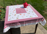 Vintage Fruit and Vegetable Tablecloth with Red and Black Plaid Border