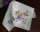 Vintage Unused Crewel Embroidery Pink and Purple Daisy Handkerchief - The Pink Rose Cottage 