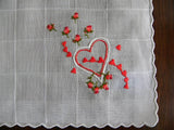 Vintage Embroidered Pink Roses and Hearts Valentines Handkerchief - The Pink Rose Cottage 