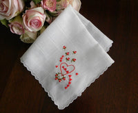 Vintage Embroidered Pink Roses and Hearts Valentines Handkerchief - The Pink Rose Cottage 