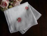 Vintage Embroidered Pink Rose Bouquet and Dots Handkerchief - The Pink Rose Cottage 