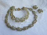 Vintage Coro Green Rhinestone Necklace Bracelet and Earrings Set - The Pink Rose Cottage 
