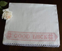 Vintage Good Luck Pink Embroidered Huck Towel - The Pink Rose Cottage 