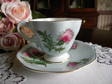 Vintage EB Foley "Glencarry Thistle" on Blue Teacup and Saucer - The Pink Rose Cottage 