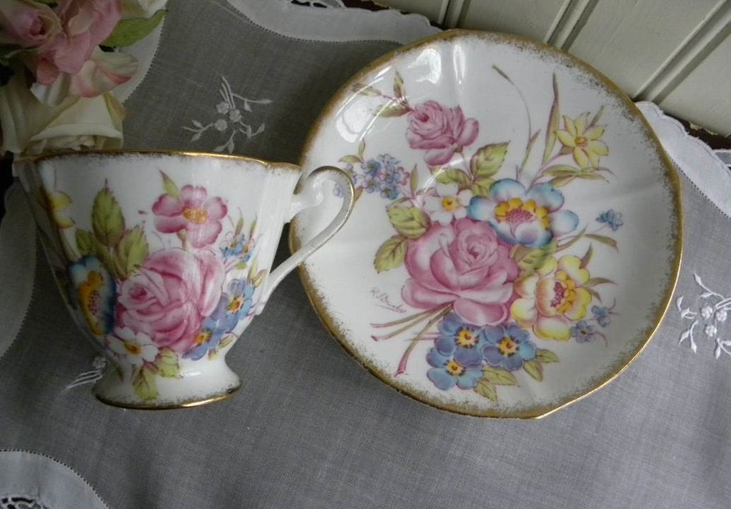 STANLEY tea cup and saucer pink rose painted baby blue color teacup England  50s