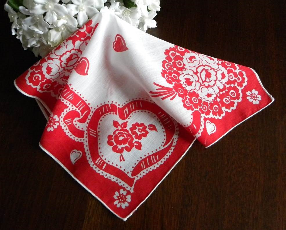 Vintage Valentine's Day Ribbon Hearts and Flower Bouquet Handkerchief - The Pink Rose Cottage 