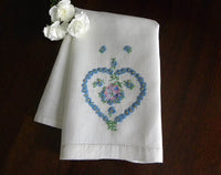 Vintage Embroidered Blue Daisy Heart and Pansy Linen Guest Towel - The Pink Rose Cottage