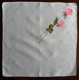 Vintage Long Stem Pink Roses Embroidered  Handkerchief - The Pink Rose Cottage 