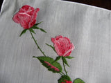 Vintage Long Stem Pink Roses Embroidered  Handkerchief - The Pink Rose Cottage 