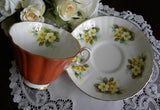 Vintage Royal Grafton Yellow Primrose and Rust Teacup and Saucer - The Pink Rose Cottage 