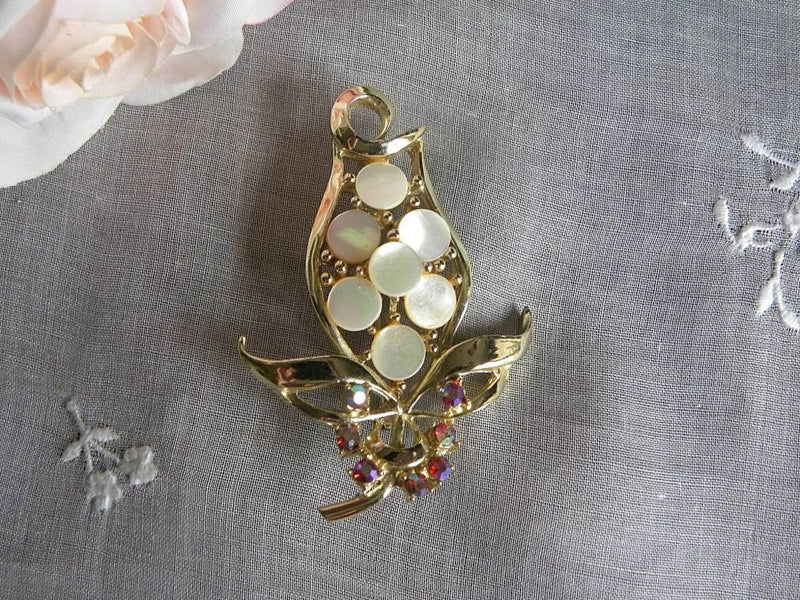 Vintage Mother of Pearl and Rhinestone Tulip Pin Brooch | The Pink 