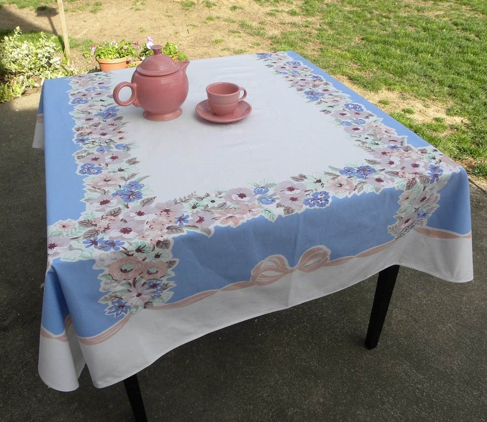 Vintage Flowers and Bows Pink Blue and More Tablecloth - The Pink Rose Cottage 