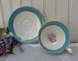 Vintage Aynsley Teal Blue with Pink Roses Teacup and Saucer - The Pink Rose Cottage 