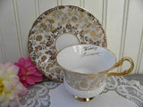 Vintage Gold Rose Chintz "Wedding Anniversary" Teacup and Saucer - The Pink Rose Cottage 