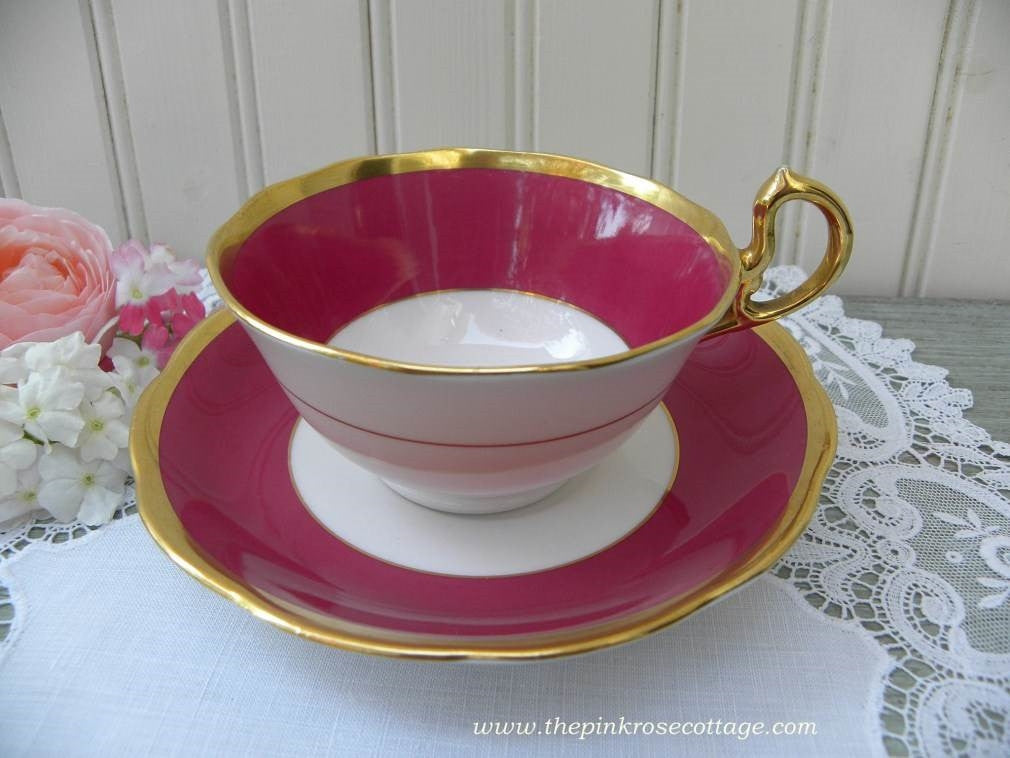 Vintage Royal Albert Crown China Dark Pink Teacup and Saucer - The Pink Rose Cottage 