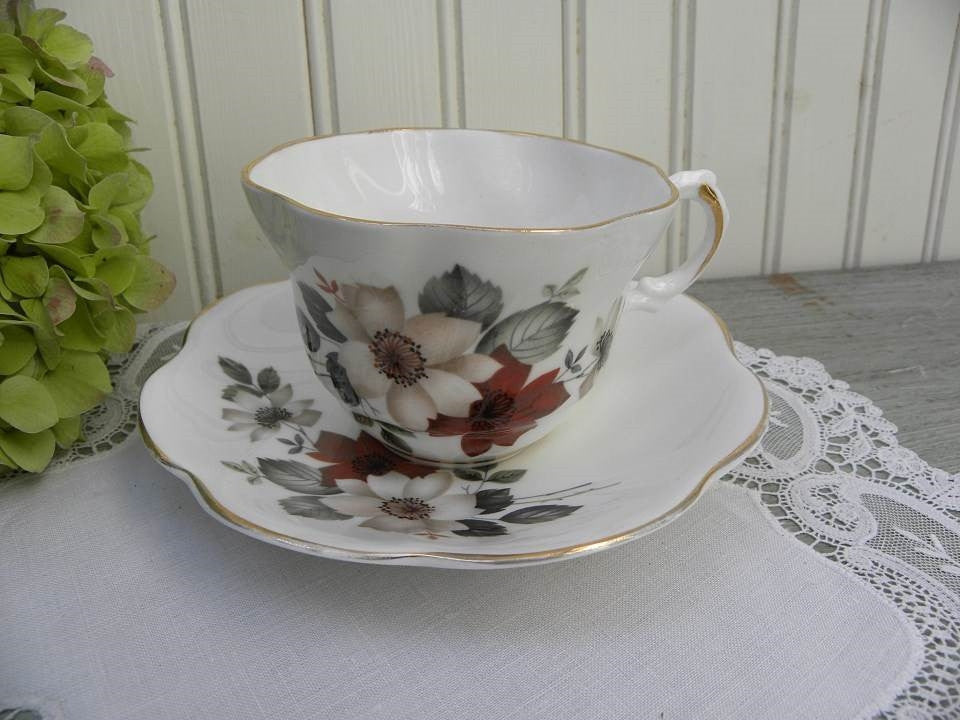 Vintage Royal Dover Teacup and Saucer with Red and White Wild Roses - The Pink Rose Cottage 