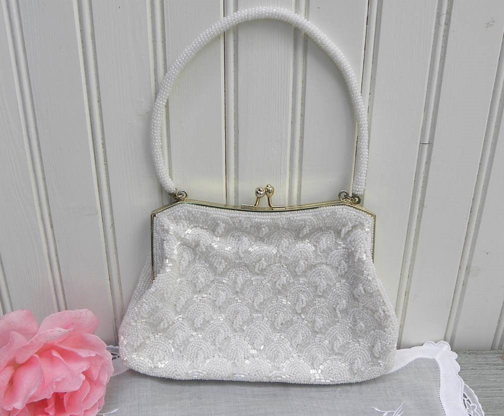 Vintage 1920s White Seed Beaded Evening Purse W/ Sun Motif -  Norway