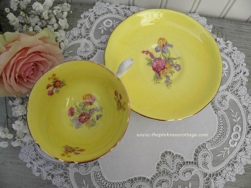 Vintage Yellow Teacup and Saucer with Pink Roses and Wildflowers - The Pink Rose Cottage 
