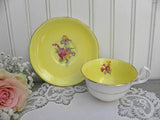 Vintage Yellow Teacup and Saucer with Pink Roses and Wildflowers - The Pink Rose Cottage 