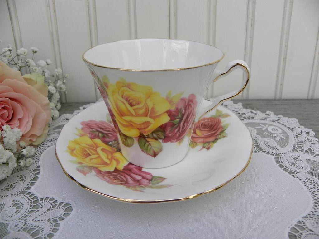 Vintage Adderley Pink and Yellow Roses Teacup and Saucer - The Pink Rose Cottage 