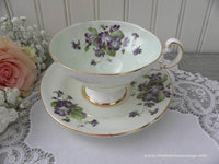 Vintage Soft Green Teacup and Saucer with Purple Cottage Violets - The Pink Rose Cottage 