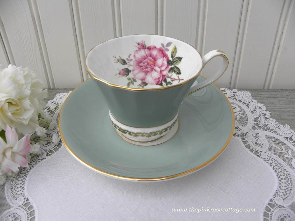 Vintage Aynsley Green Teacup and Saucer with Large Pink Rose - The Pink Rose Cottage 