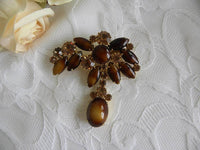Vintage Amber and Brown Rhinestone Teardrop Brooch Pin - The Pink Rose Cottage 