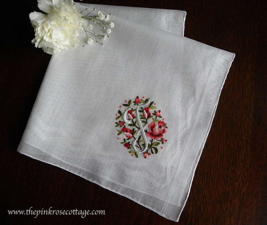 MWT Vintage Brumel Petite Point Embroidered Pink Roses Monogram "F" Handkerchief - The Pink Rose Cottage 