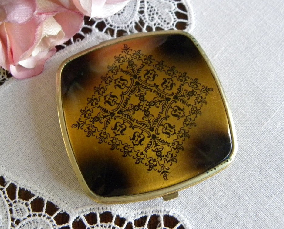 Vintage Art Deco Ladies Powder and Rouge Compact with Leather Case - The Pink Rose Cottage 