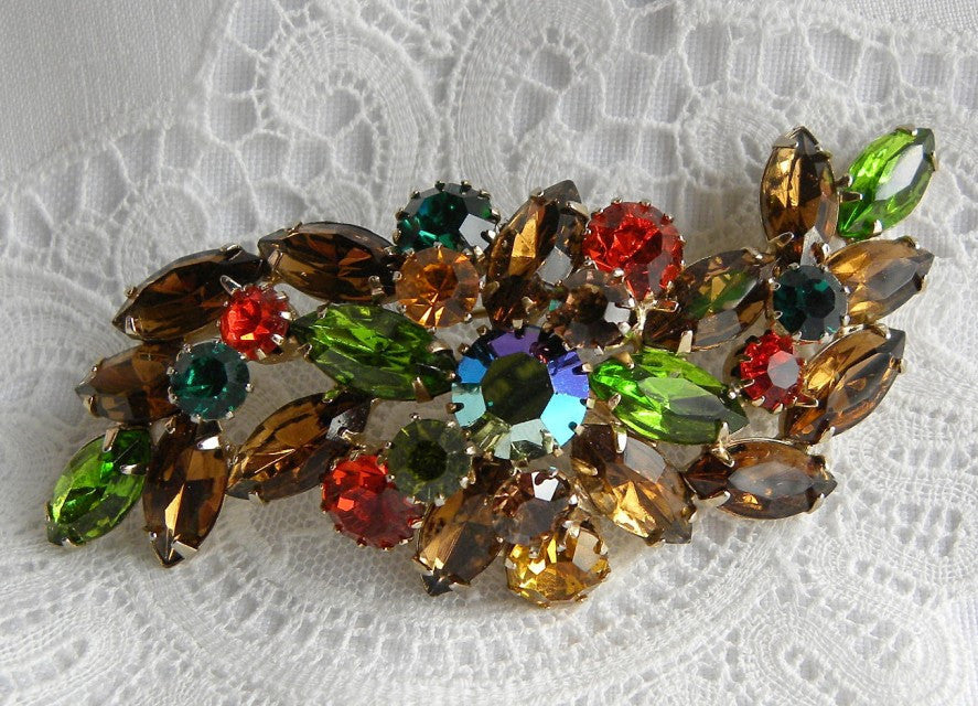 Vintage Brooch Pin with Colorful Jewel Tone Rhinestones