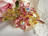 Vintage Citrine Yellow and Pink Flower Rhinestone Brooch Pin - The Pink Rose Cottage 
