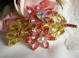 Vintage Citrine Yellow and Pink Flower Rhinestone Brooch Pin - The Pink Rose Cottage 