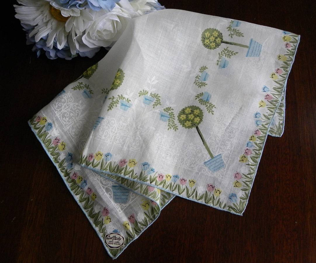 Vintage Tagged Carol Stanley Topiary and Tulips Garden Handkerchief - The Pink Rose Cottage 