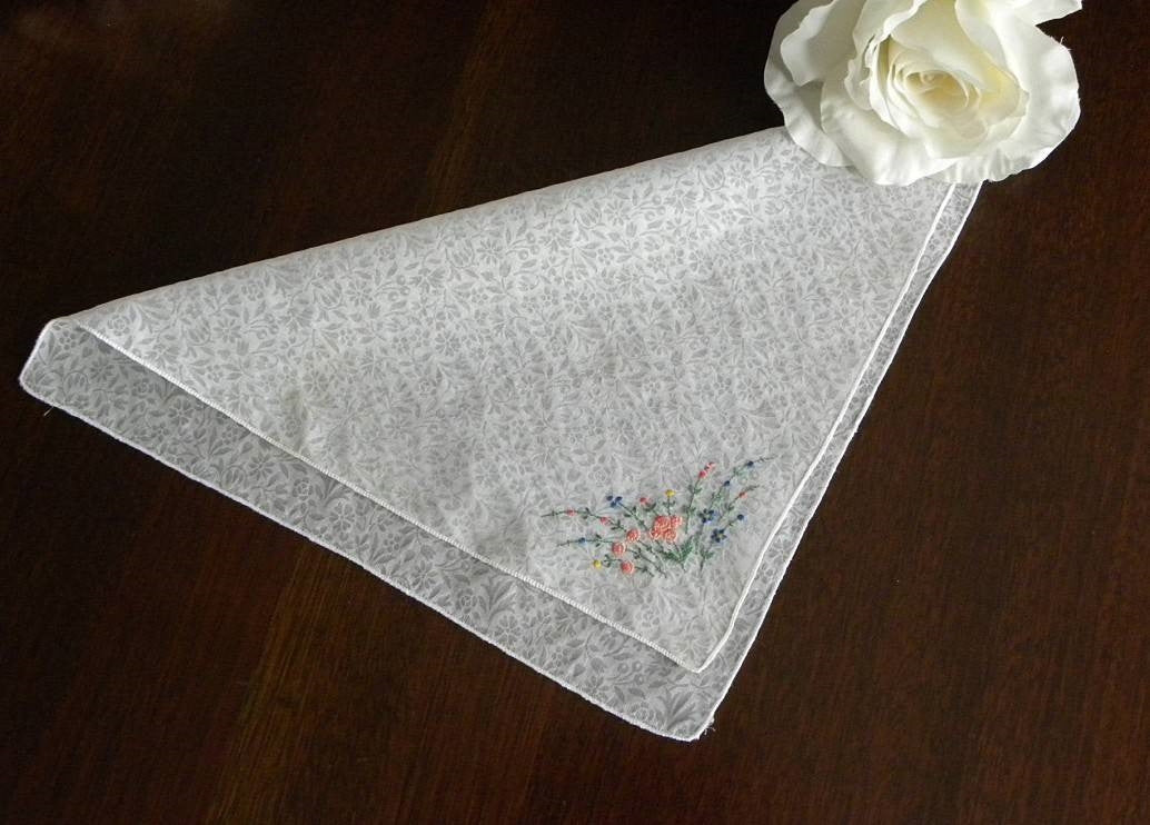 Vintage Sheer Chintz Handkerchief with Pink Roses & Wild Flowers