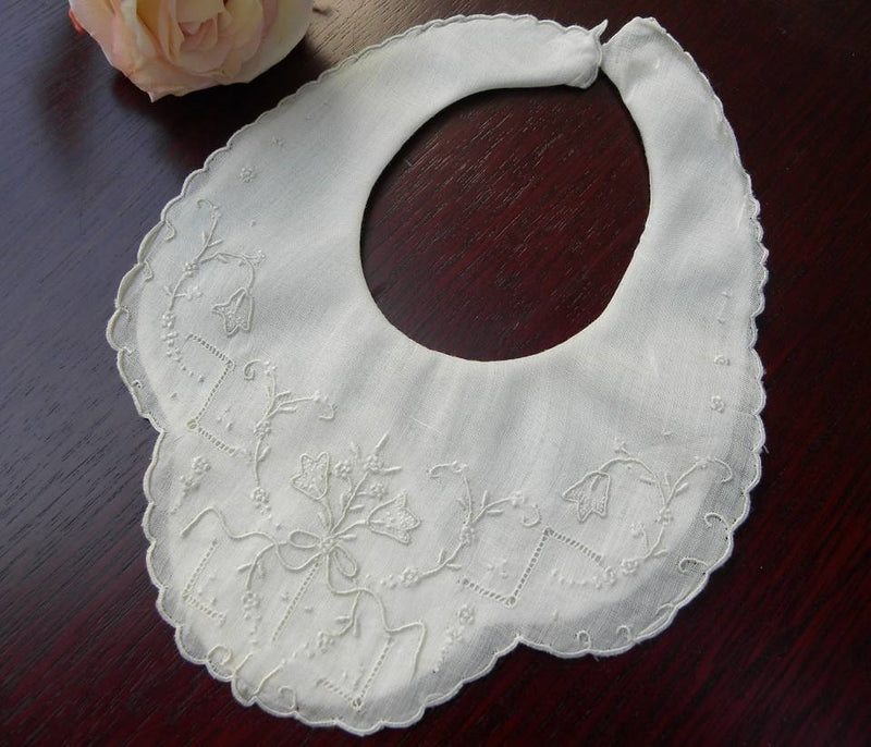 Vintage Whitework Embroidery Bell Flower Christening Newborn Bib