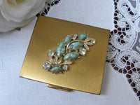 Vintage Turquoise and Rhinestone Ladies Powder Compact - The Pink Rose Cottage