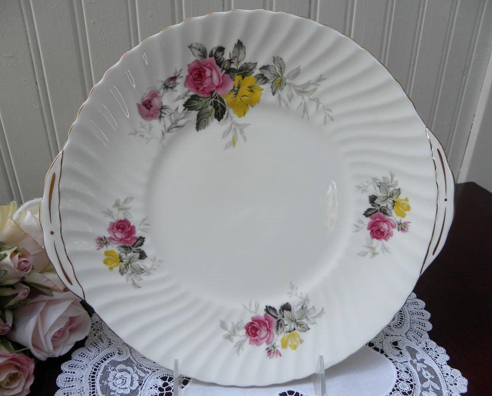 Vintage Adderley Pink and Yellow Roses Cake Plate - The Pink Rose Cottage 