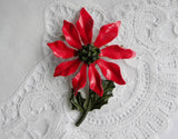 Vintage Enameled Christmas Stemmed Poinsettia  Pin Brooch - The Pink Rose Cottage 
